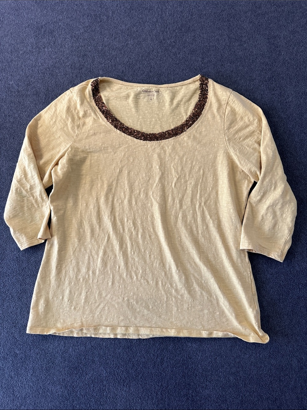 Coldwater Creek Cream Scoop Neck Top with Brown Beaded Trim (14)